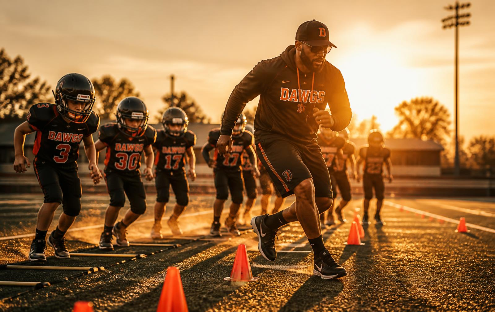 Coach Zay leading youth football players through speed drills at sunset